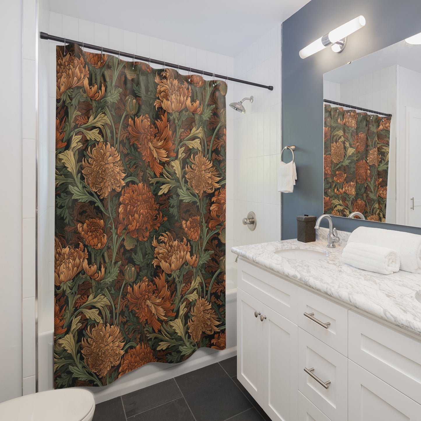 Maximalist Chrysanthemum Shower Curtain, William Morris Style Shower Curtain, Fabric