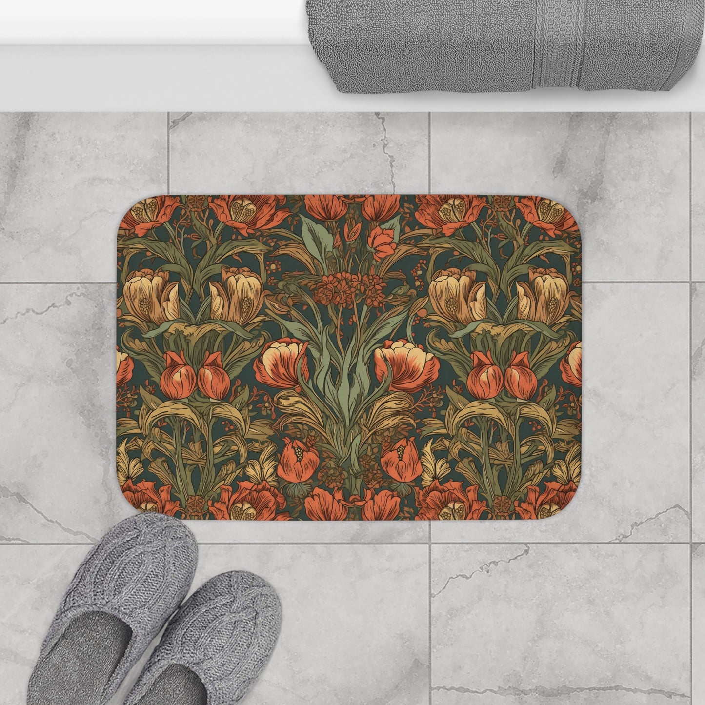 Moody Floral Bath Mat, William Morris Style Microfiber Rug