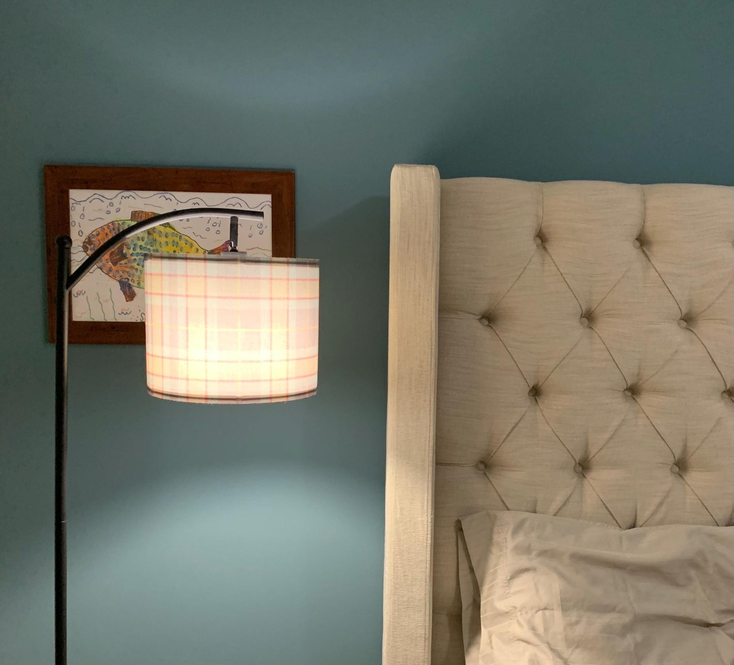 English Plaid Arc Floor Lamp, Blue Green Fabric Shade, Black Metal, Remote, Moody MCM
