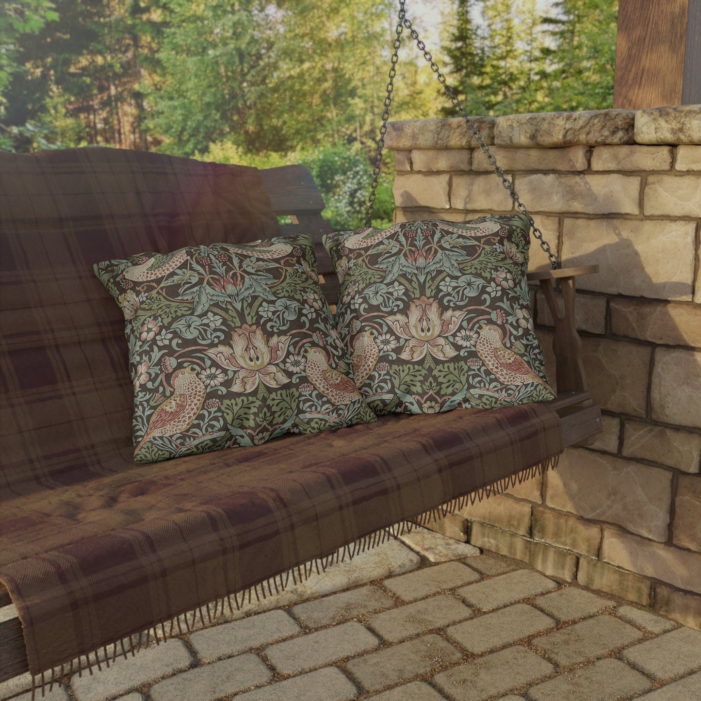 Brown Strawberry Thief Waterproof Pillow - Outdoor Patio Throw Pillow - William Morris Garden Decor