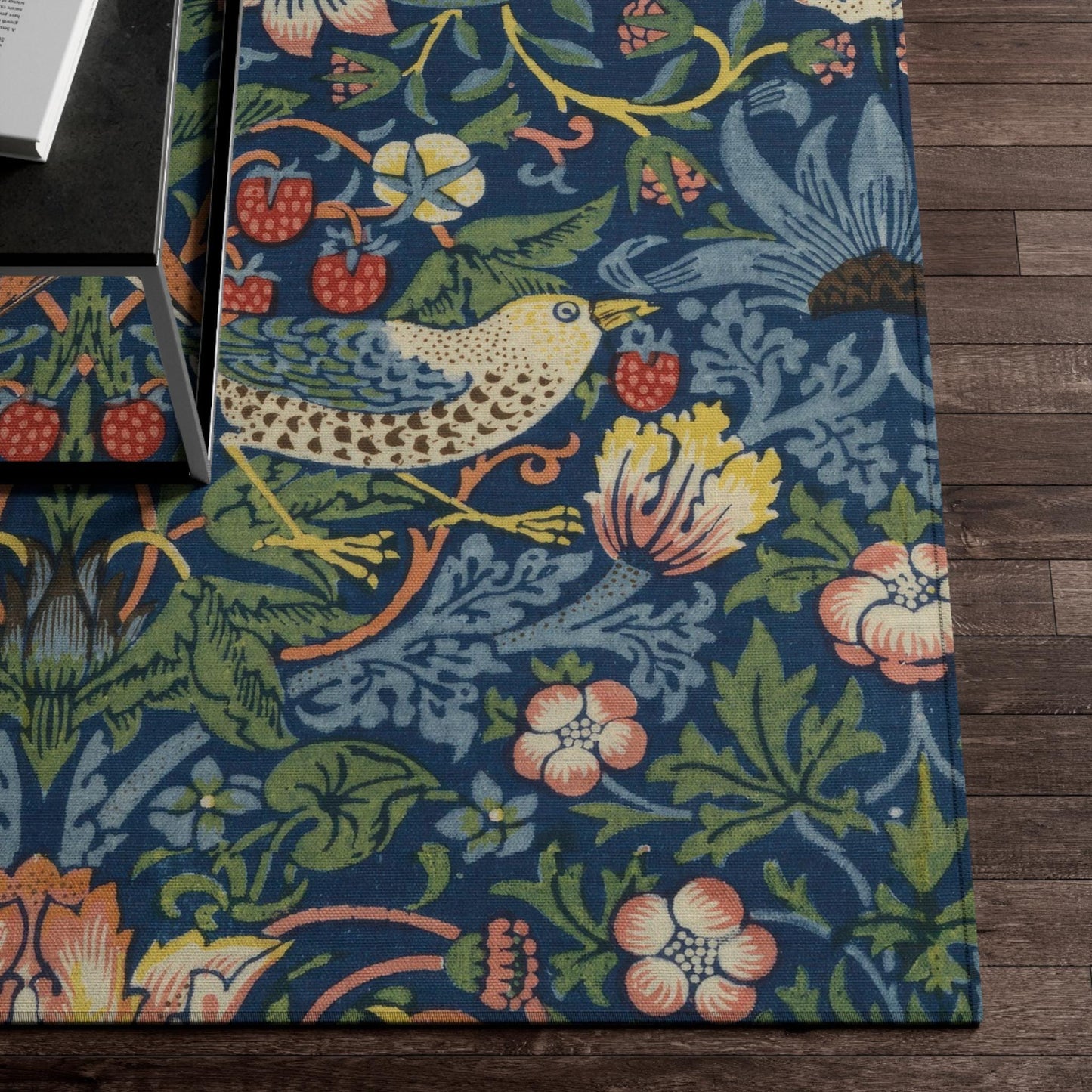 Strawberry Thief Indigo Rug, Flat Profile, Large William Morris Rug in Blue and Green