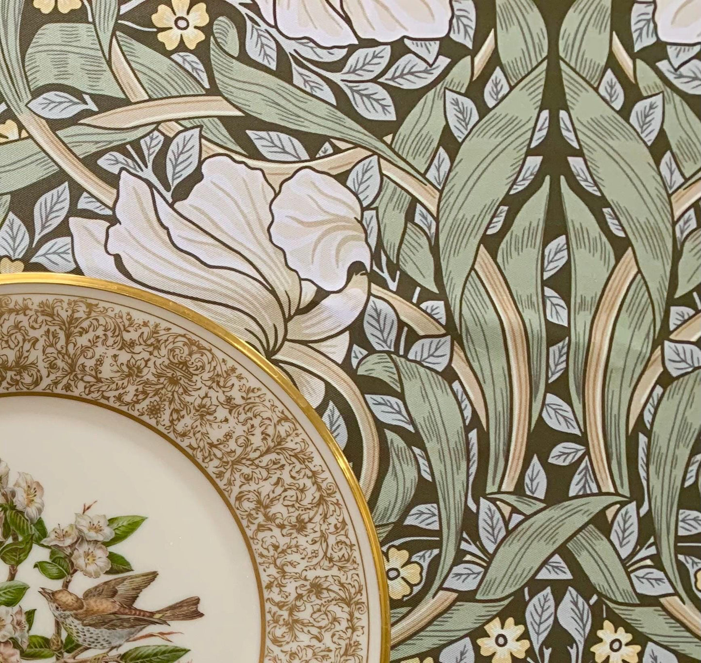 William Morris Pimpernel Tablecloth: Maximalist Olive Green Dining Decor