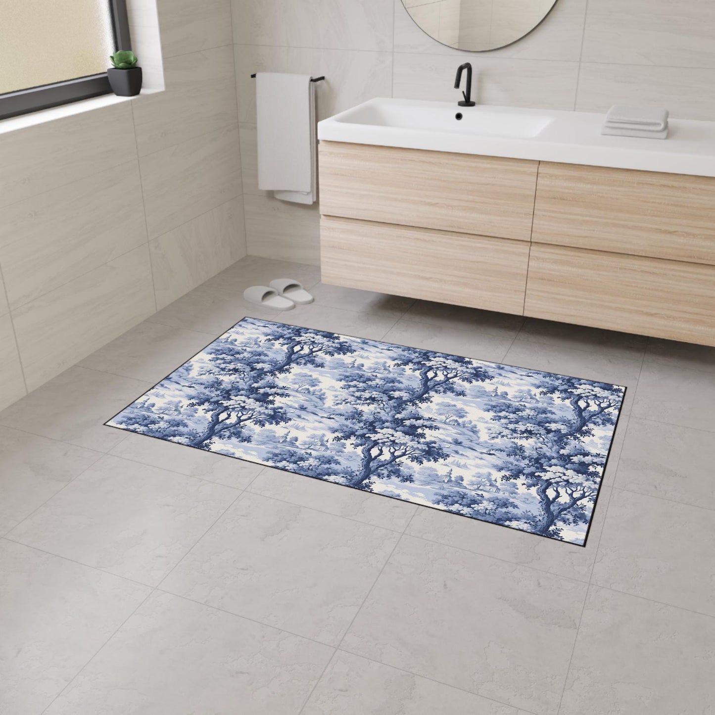 Blue Toile Chinoiserie Kitchen Rug: French Forest Heavy Duty Mat