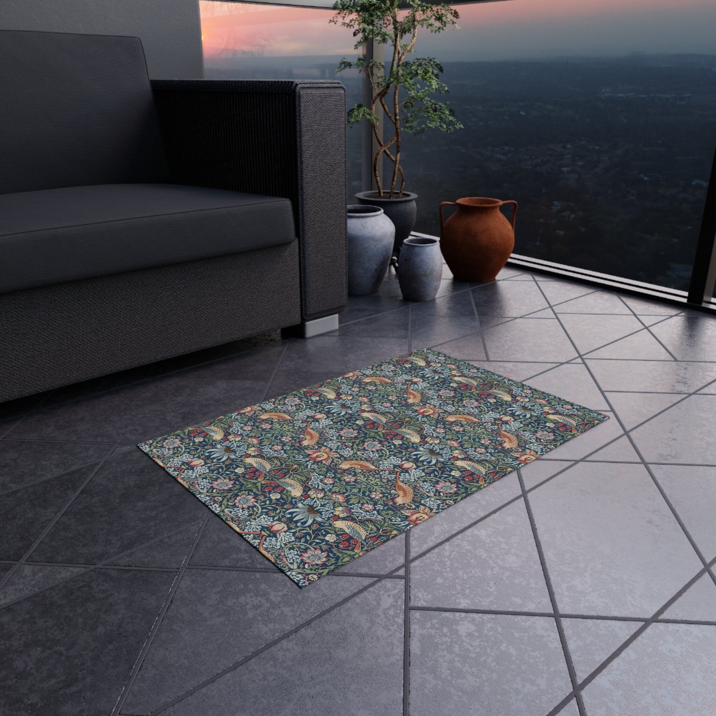 Strawberry Thief William Morris Rug: Blue Chenille Indoor Outdoor Mat