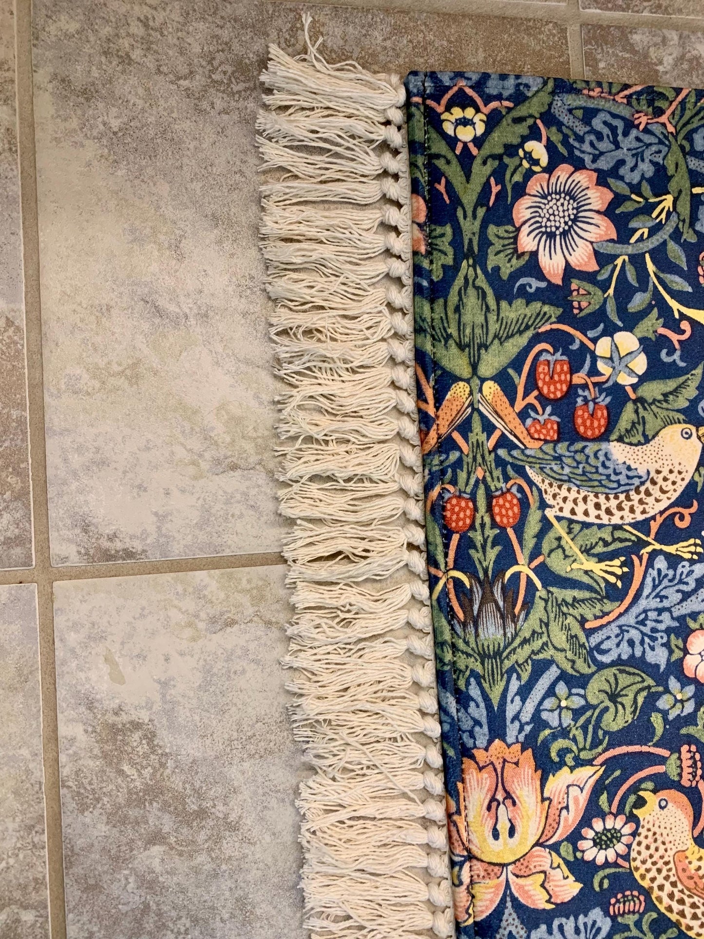 William Morris Strawberry Thief Mat: Blue Faux Velvet Runner for Kitchen/ Bath