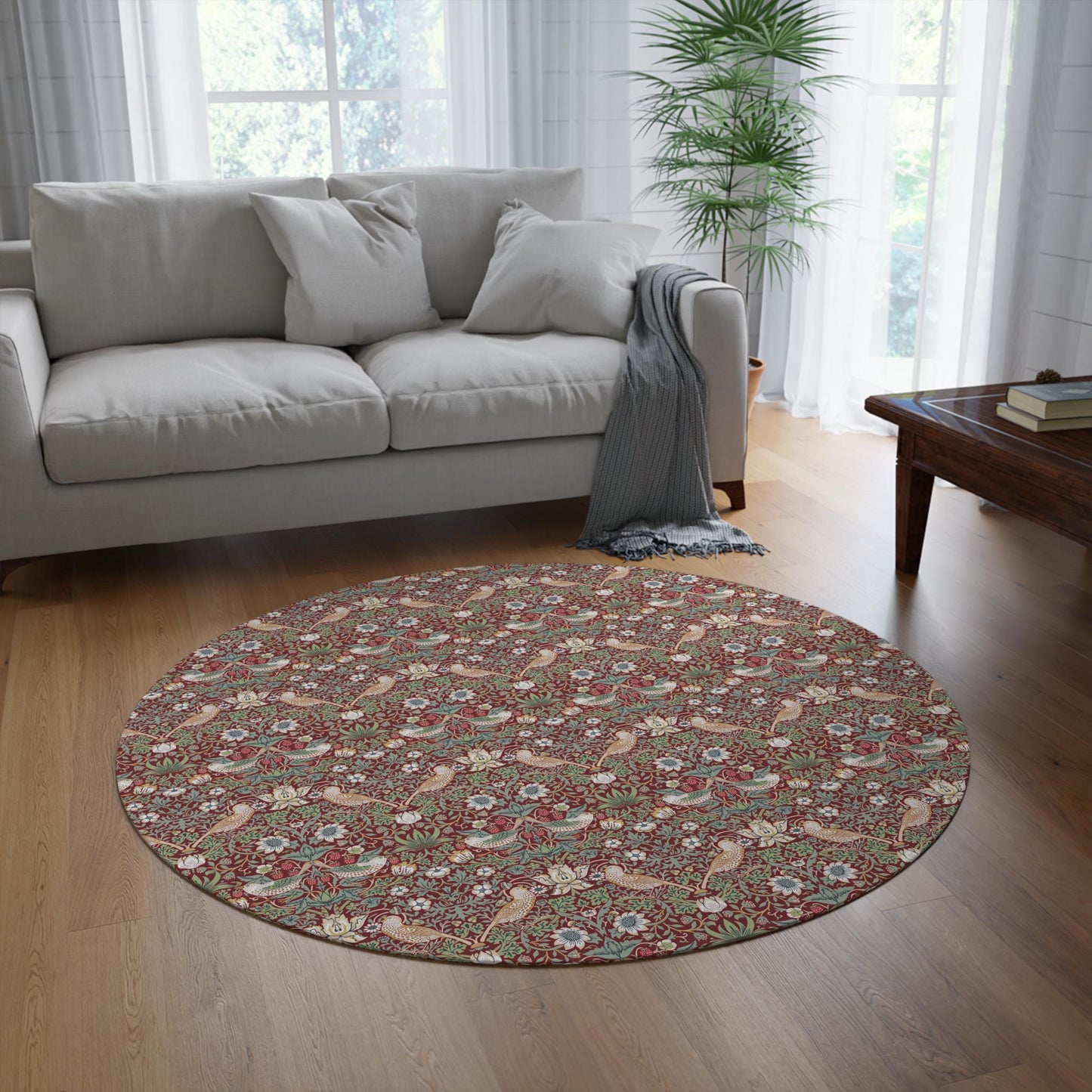Deep Red Strawberry Thief Round rug, William Morris Rug Maximalism MCM Decor,