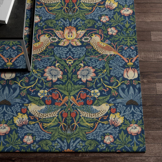 William Morris Strawberry Thief Indigo Rug: Vintage Bird & Floral Decor