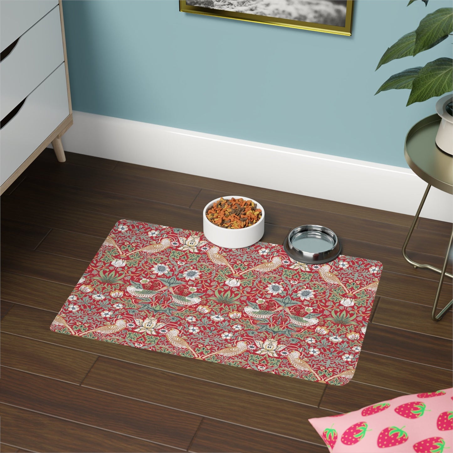 Strawberry Thief Pet Mat: Arts and Crafts Boho Dog Food Mat (12x18)