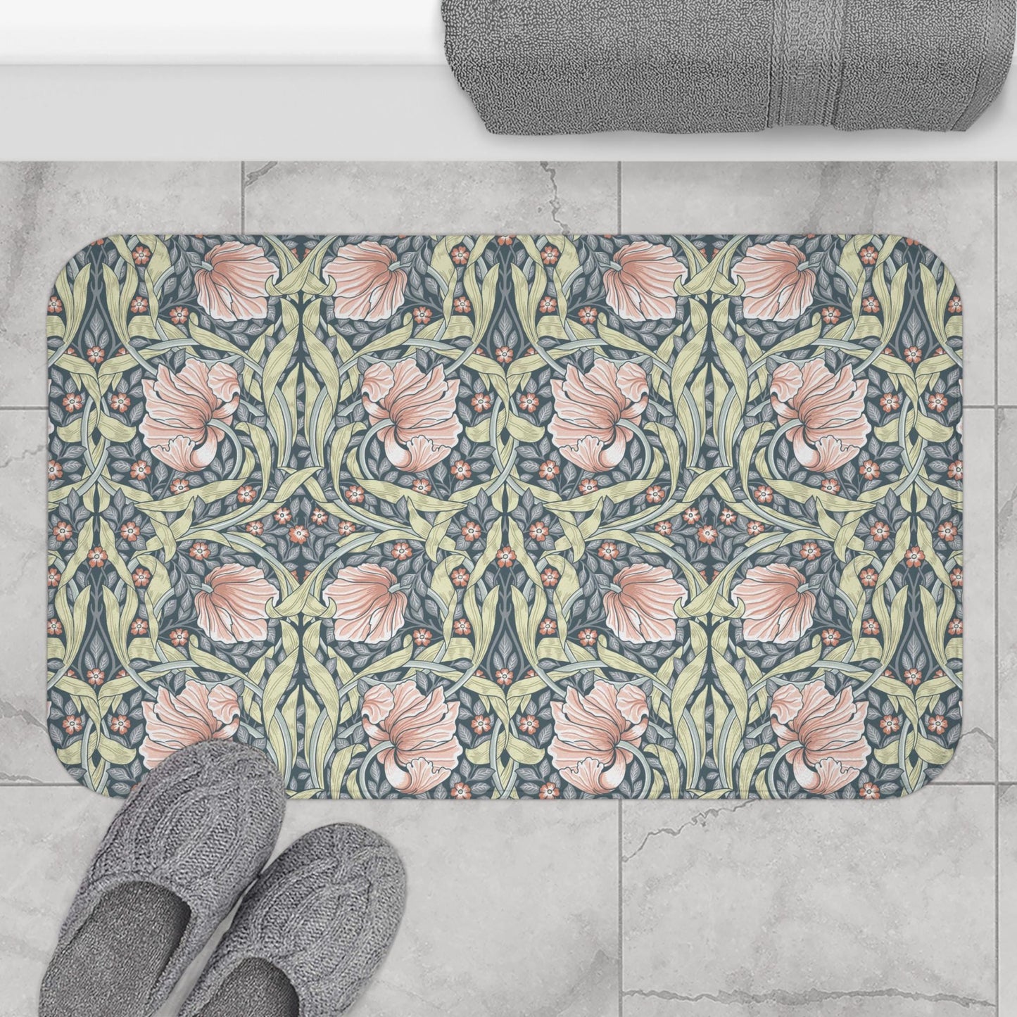 William Morris Bath Mat: Salmon Pimpernel Floral, Super Soft Rug