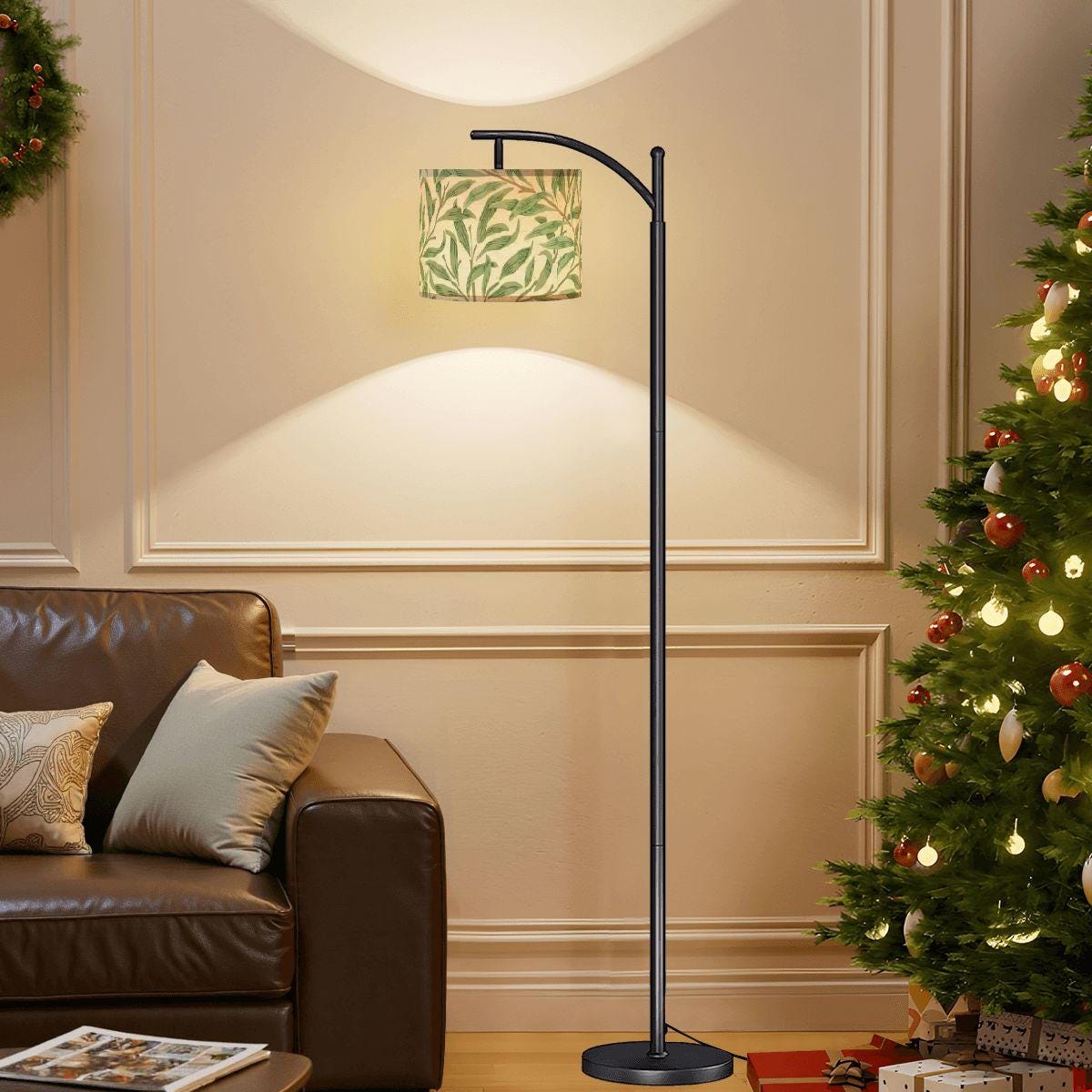 William Morris Arc Floor Lamp, Sage Green Willow Boughs Shade