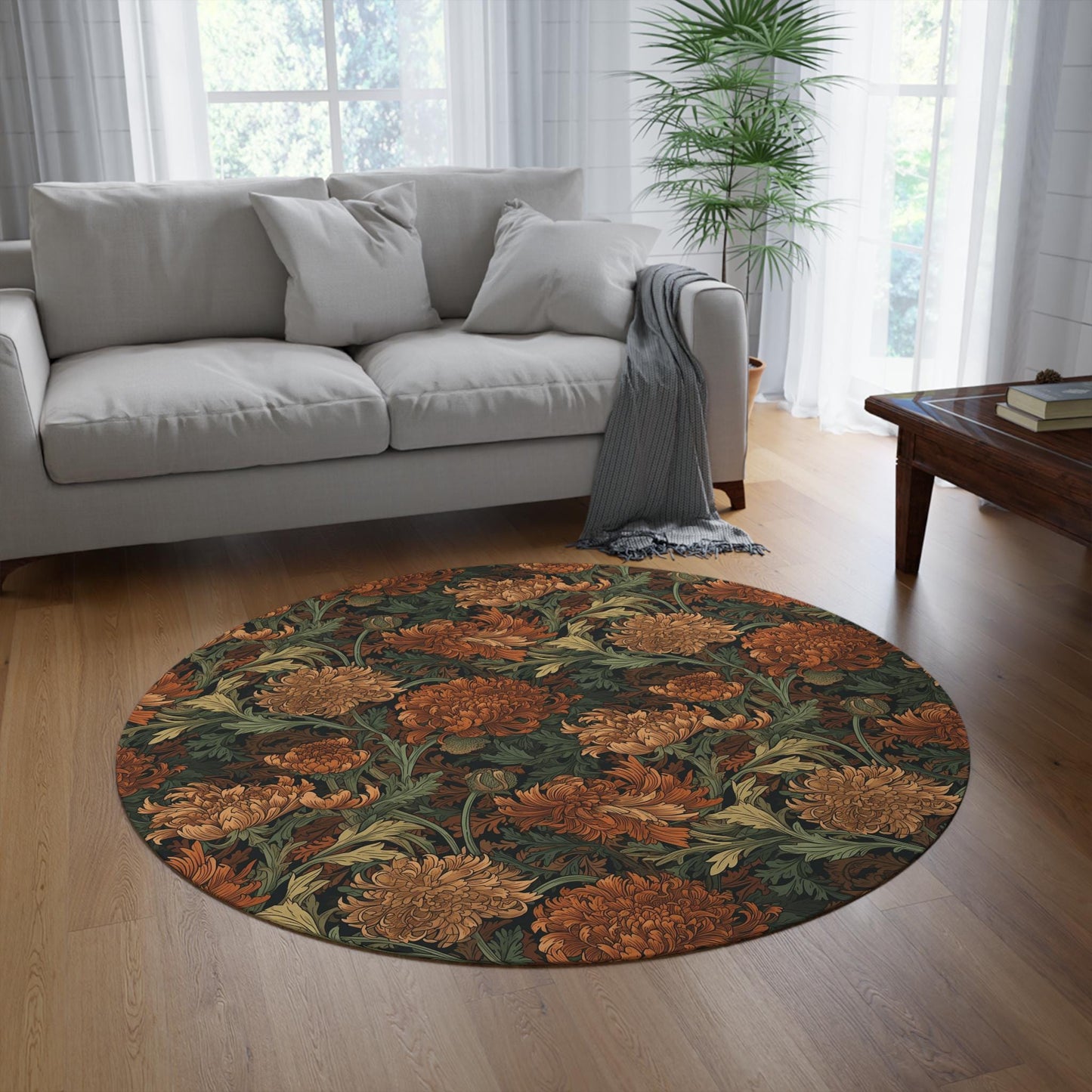 William Morris Rug: Autumn Floral Large Round Mat, Maximalism Decor