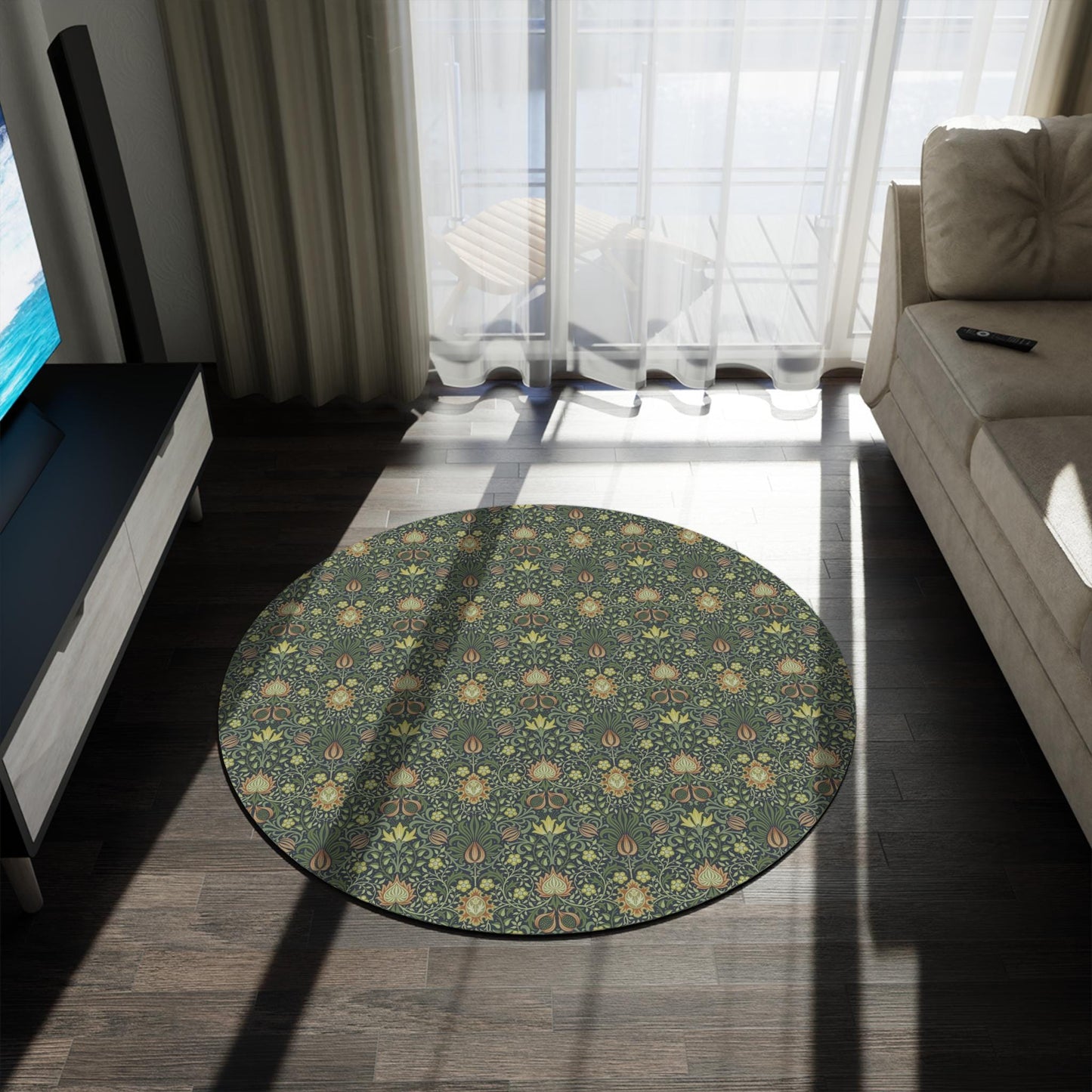 William Morris Chenille Round Rug: Art Nouveau Persian Floral