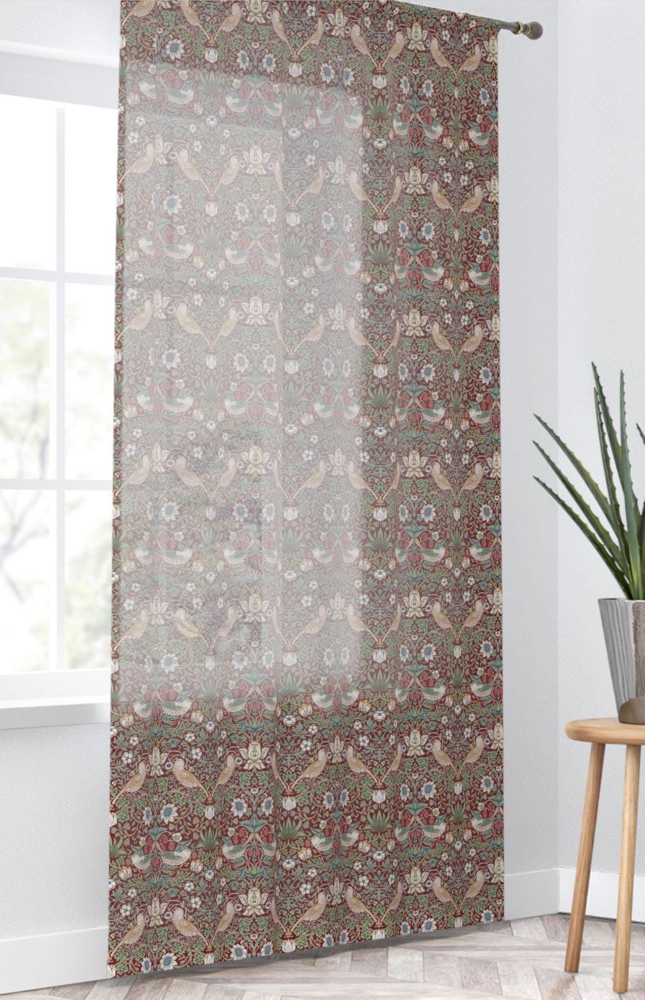 William Morris Red Strawberry Thief Sheer Curtain - Living Room Decor (50" × 84")