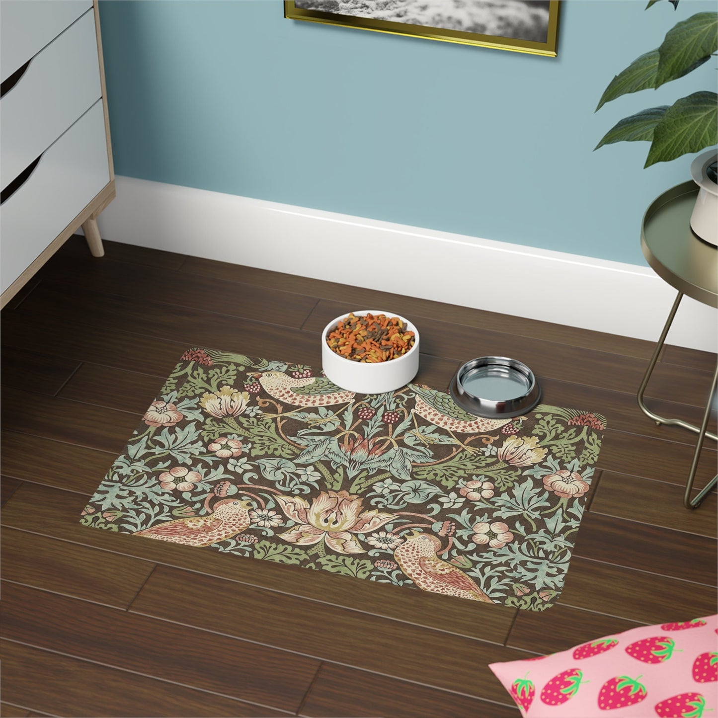Strawberry Thief Pet Mat: Arts & Crafts Boho Food Mat (12x18)
