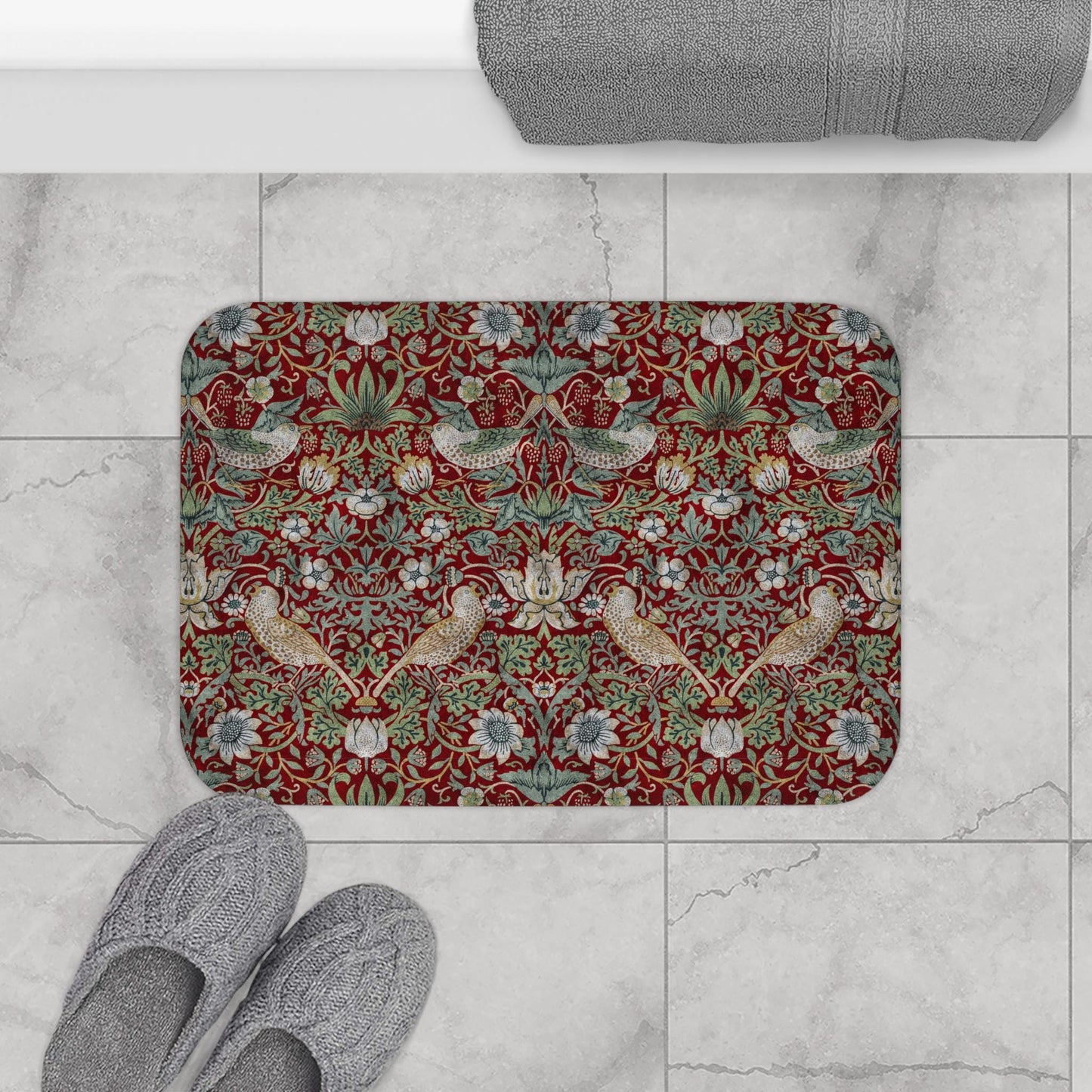 William Morris Strawberry Thief Bath Mat – Deep Burgundy Microfiber Rug