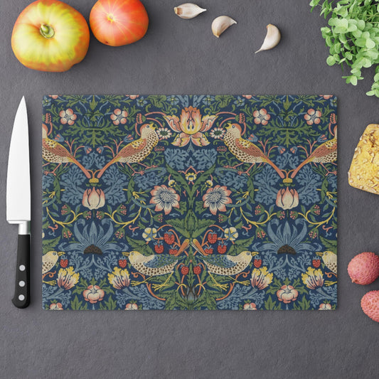 William Morris Strawberry Thief Cutting Board: Indigo Tempered Glass Cheese Board