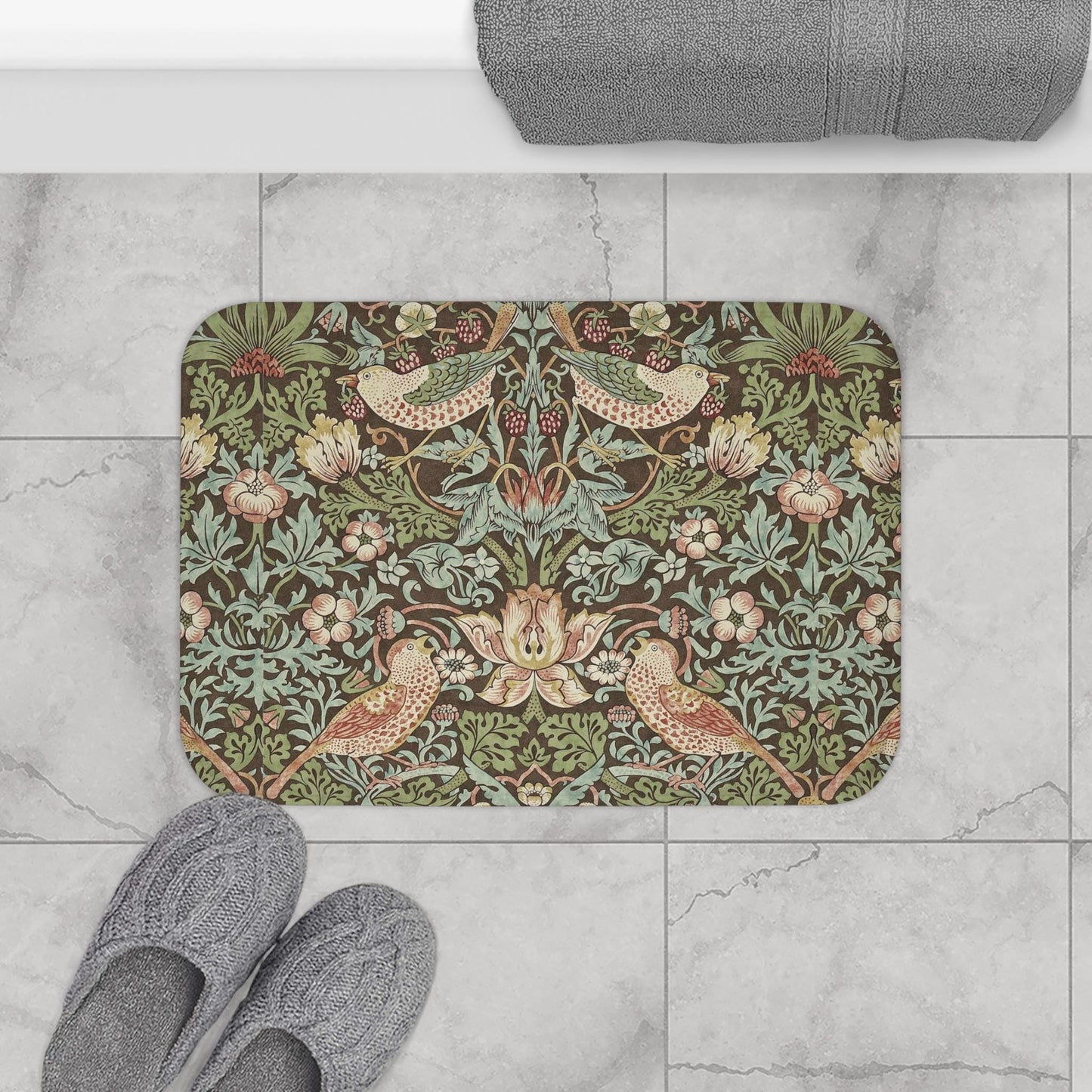 Strawberry Thief Bath Mat, Moddy Floral  William Morris Earthy Floral Microfiber Rug