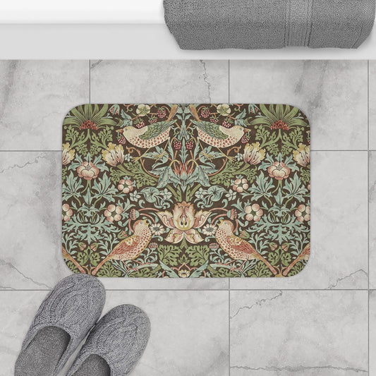 Strawberry Thief Bath Mat, Moddy Floral  William Morris Earthy Floral Microfiber Rug