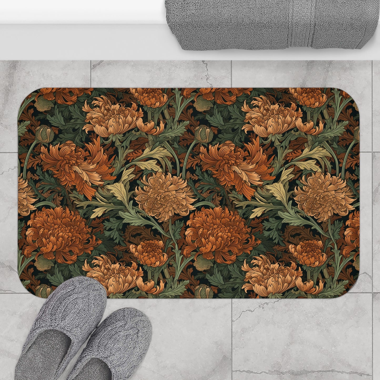 Moody Floral Bath Mat, William Morris Style Microfiber Rug