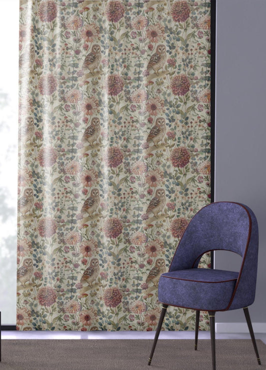 Autumn Floral Owl Sheer Curtain: Farmhouse Style Voile Drape