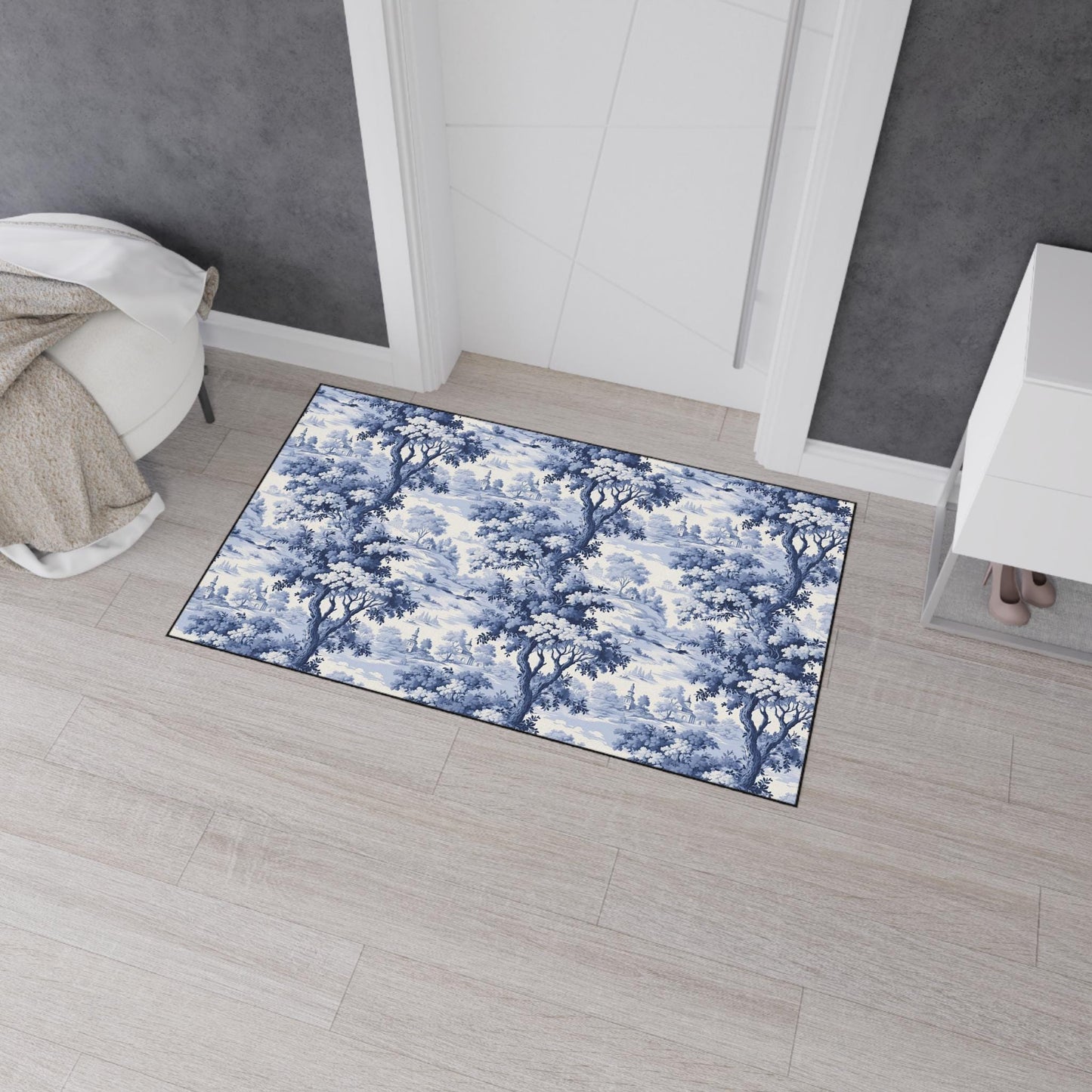 Blue Toile Chinoiserie Kitchen Rug: French Forest Heavy Duty Mat