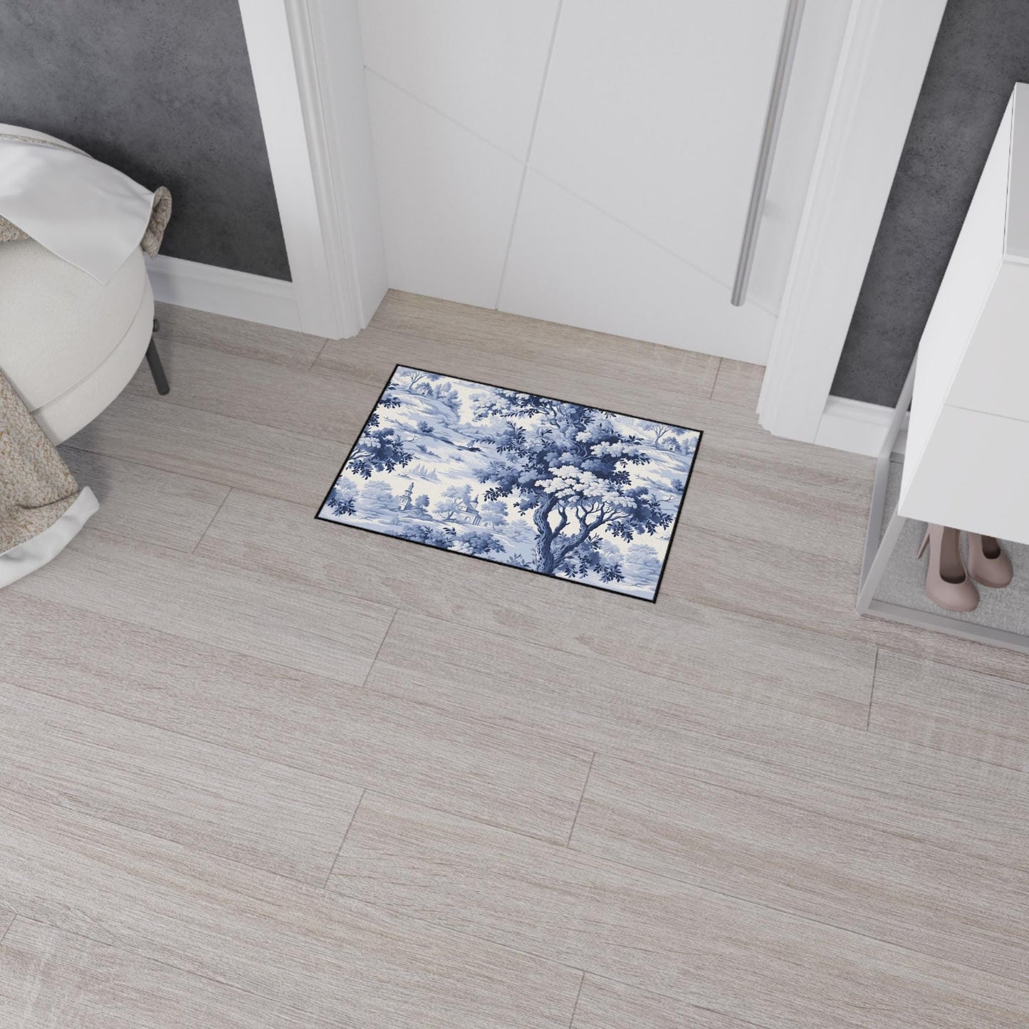 Blue Toile Chinoiserie Kitchen Rug: French Forest Heavy Duty Mat