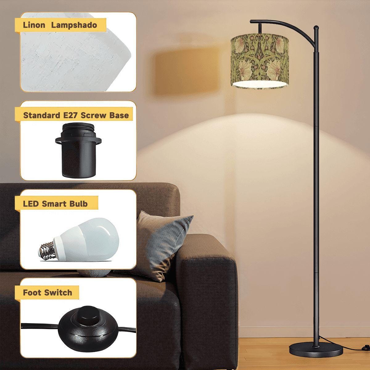 Arc Floor Lamp Pimpernel Fabric Shade, Remote