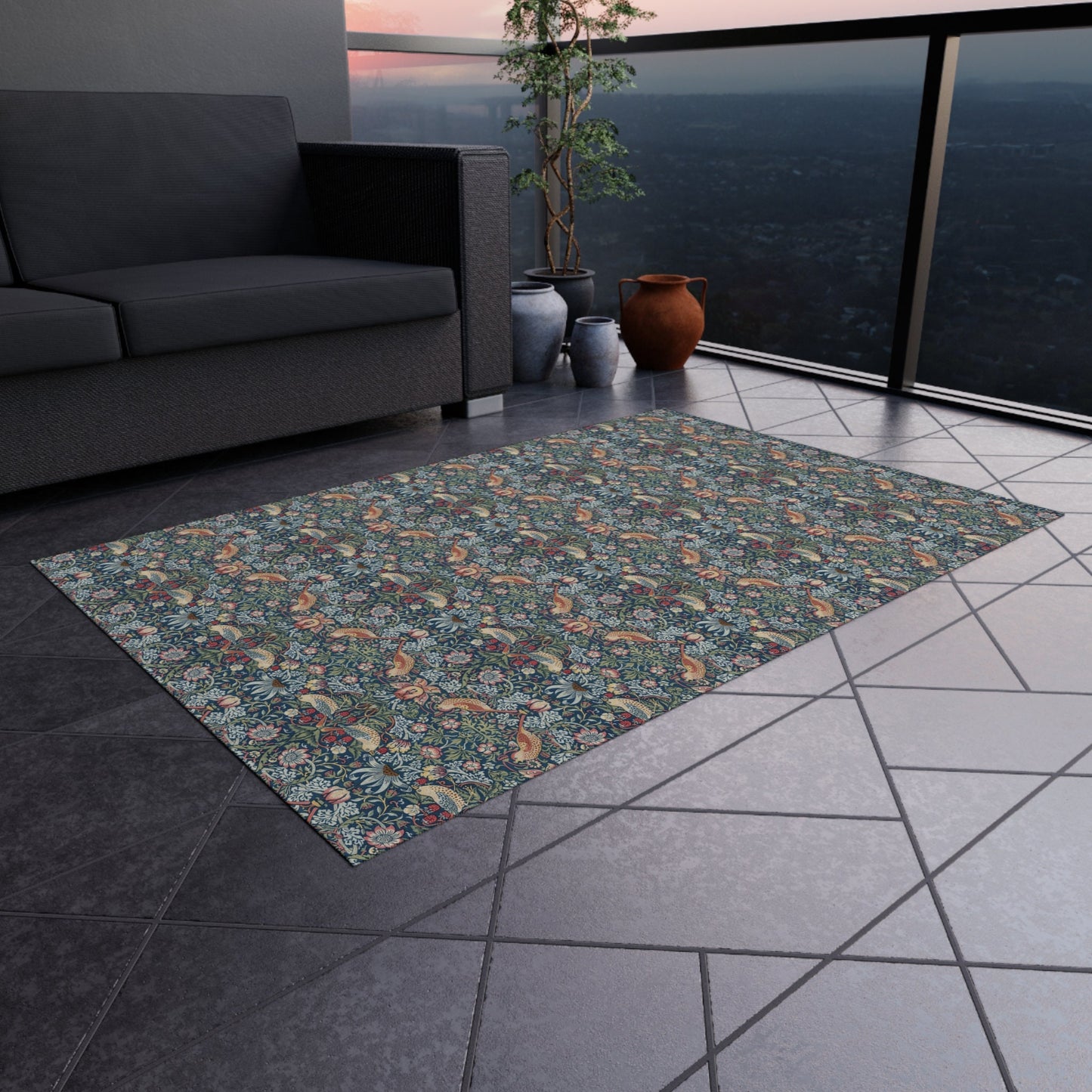 Strawberry Thief William Morris Rug: Blue Chenille Indoor Outdoor Mat