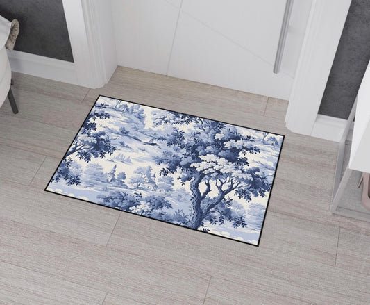 Blue Toile Chinoiserie Kitchen Rug: French Forest Heavy Duty Mat