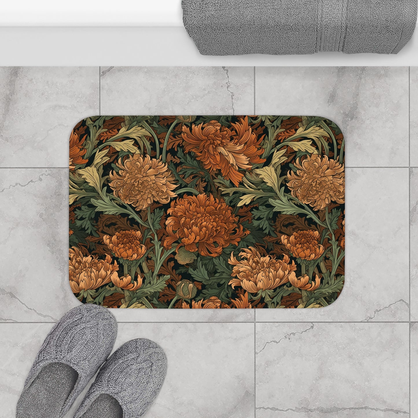 Moody Floral Bath Mat, William Morris Style Microfiber Rug