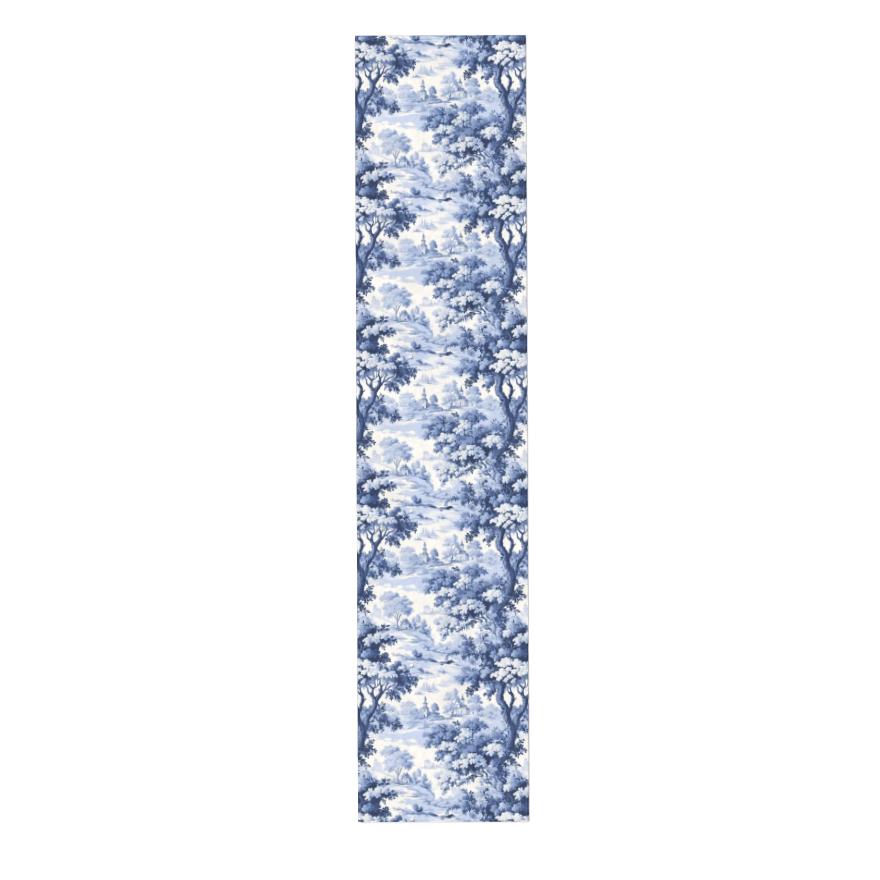 French Country Toile Runner Rug: Silky Blue Chinoiserie, Eco-Latex Backed