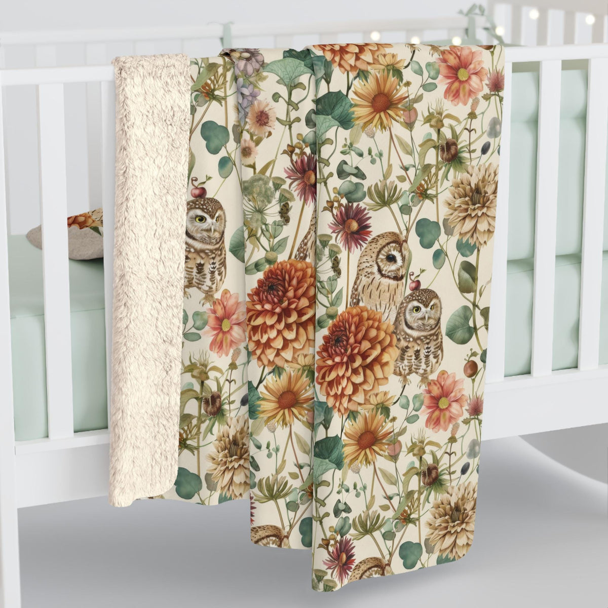 Owls Blanket, Autumn Floral Sherpa Fleece Blanket