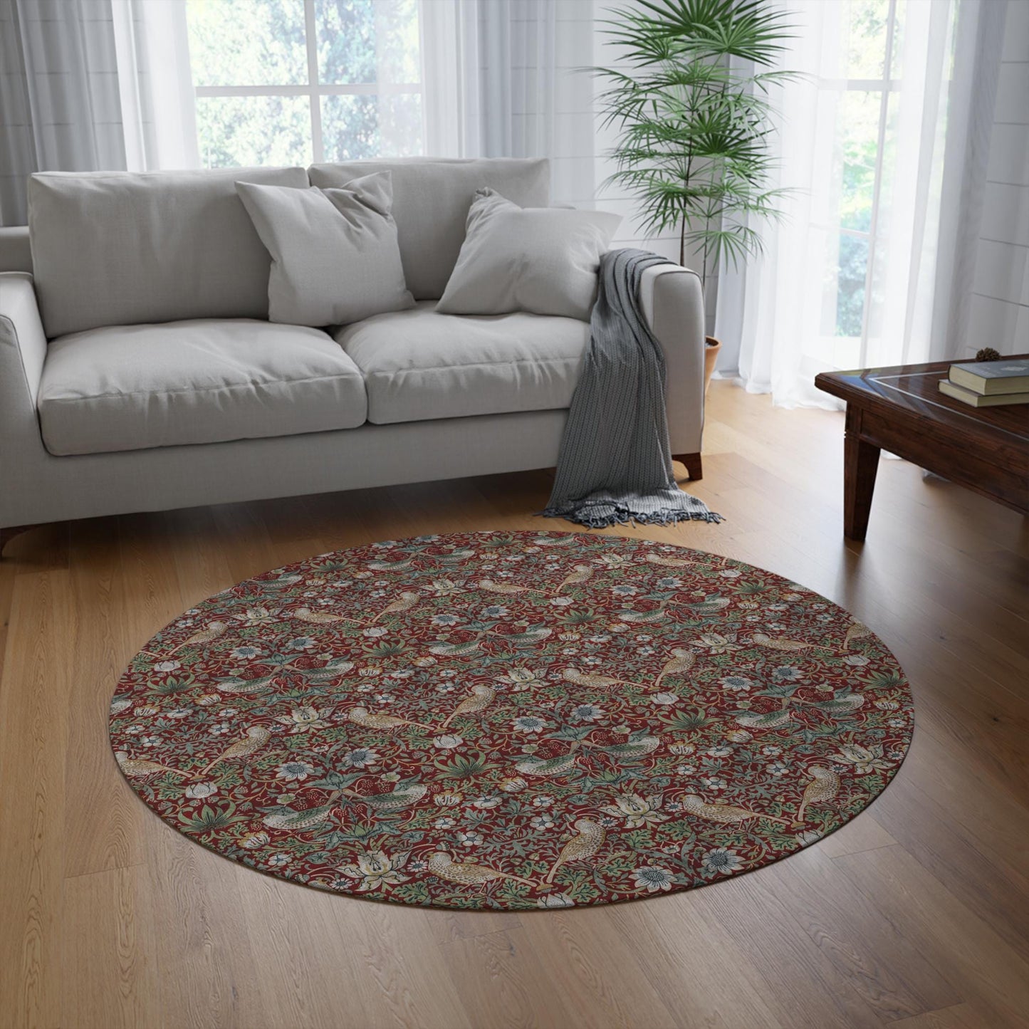 Burgundy Strawberry Thief Round Rug: William Morris Maximalist Decor