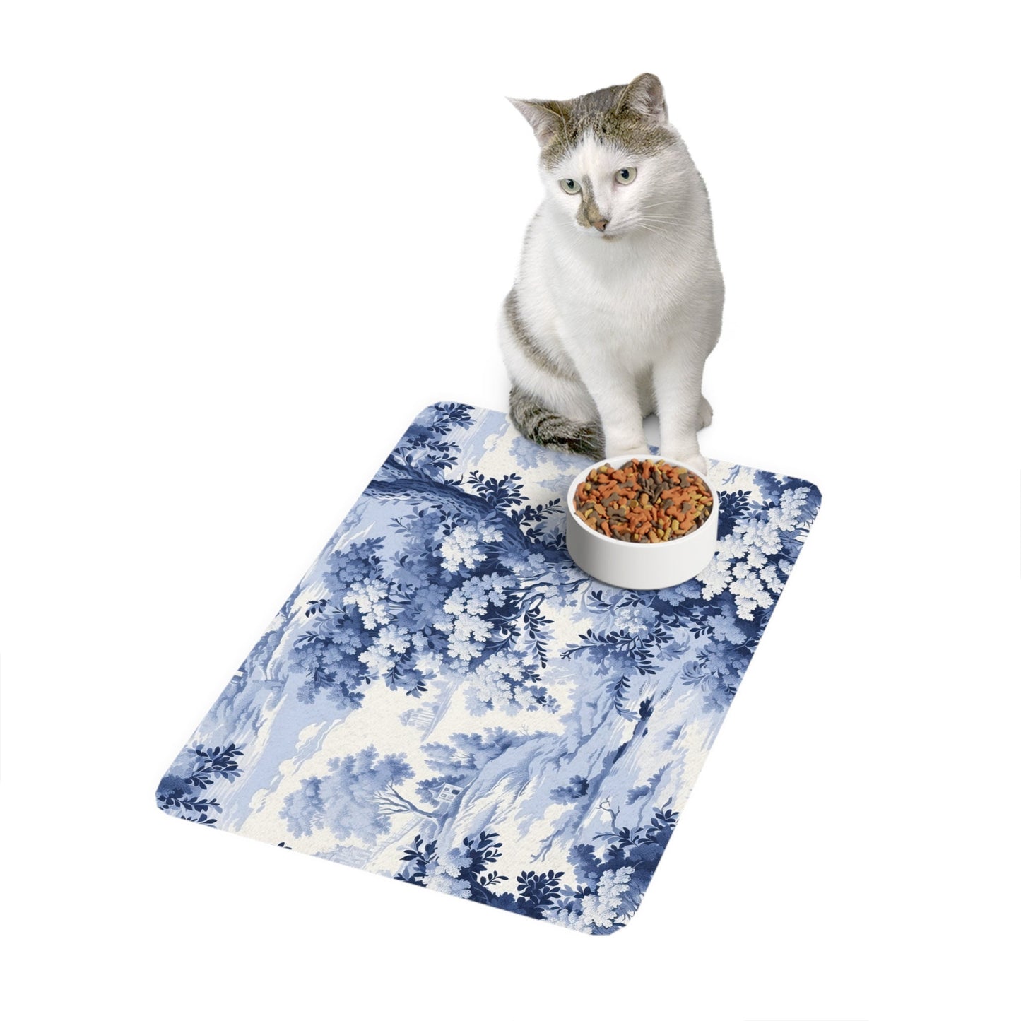 Blue Toile Pet Mat: French Country Floral Food Mat (12x18)