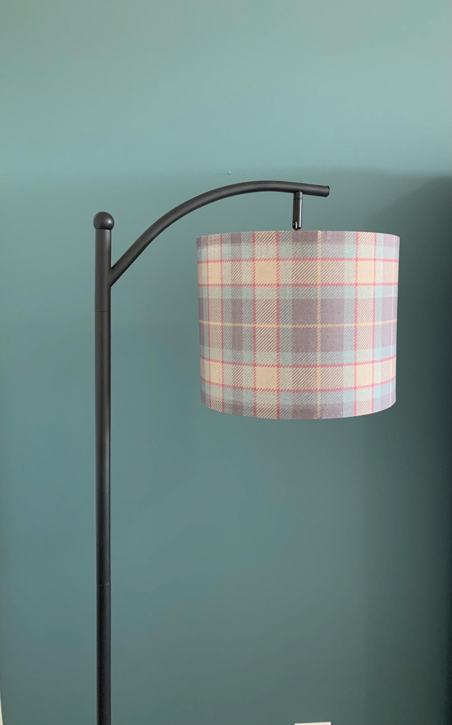 English Plaid Arc Floor Lamp, Blue Green Fabric Shade, Black Metal, Remote, Moody MCM