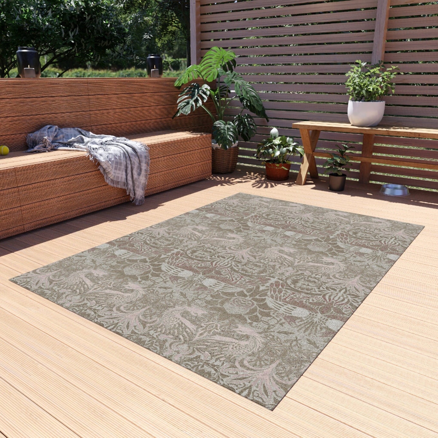 William Morris Outdoor Rug: Neutral Dragon Peacock Chenille Rug