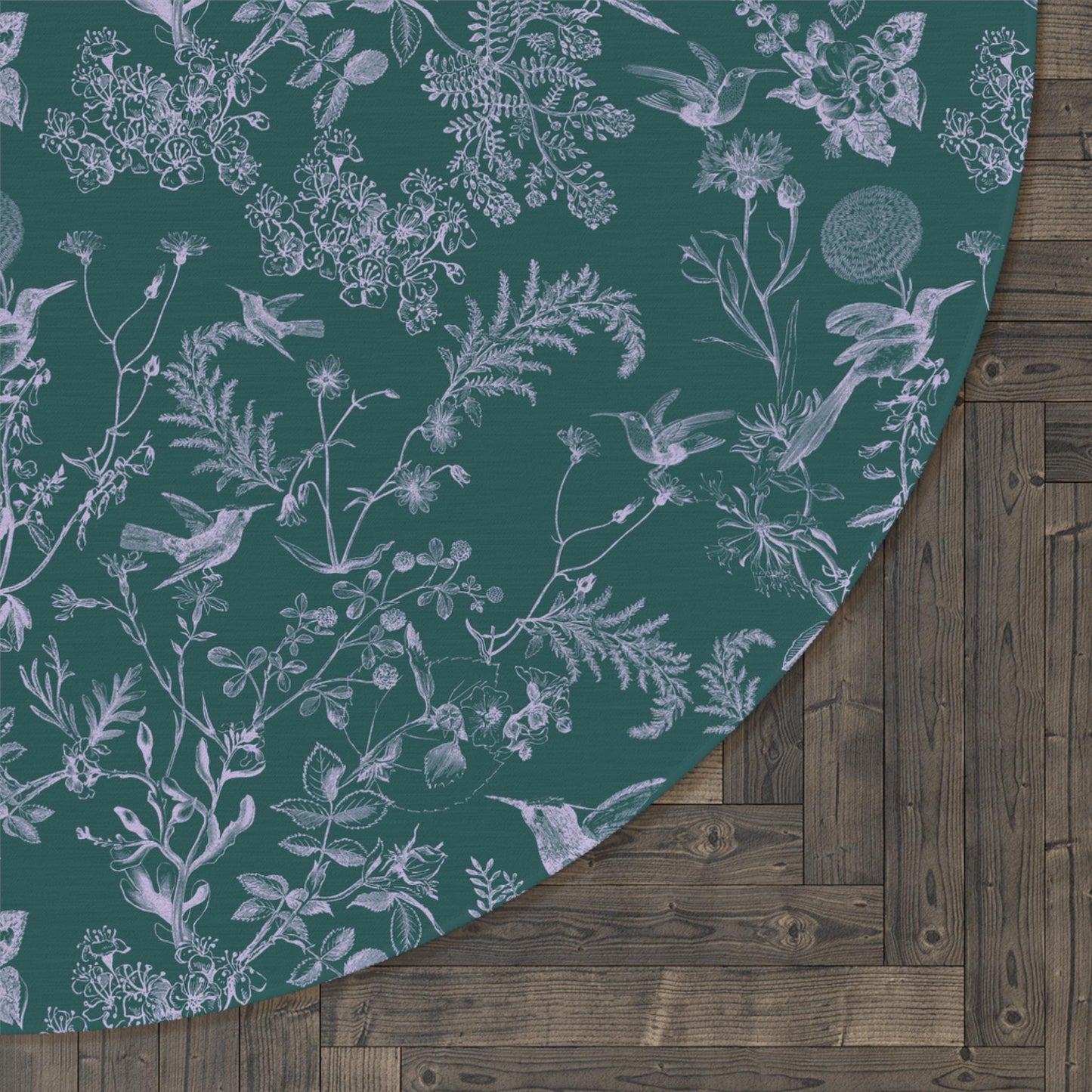 Hummingbird Toile Round Rug in blue-green, Large 5x5 Ft Boho Flat Profile Area Mat