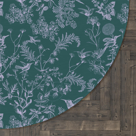 Hummingbird Toile Round Rug in blue-green, Large 5x5 Ft Boho Flat Profile Area Mat