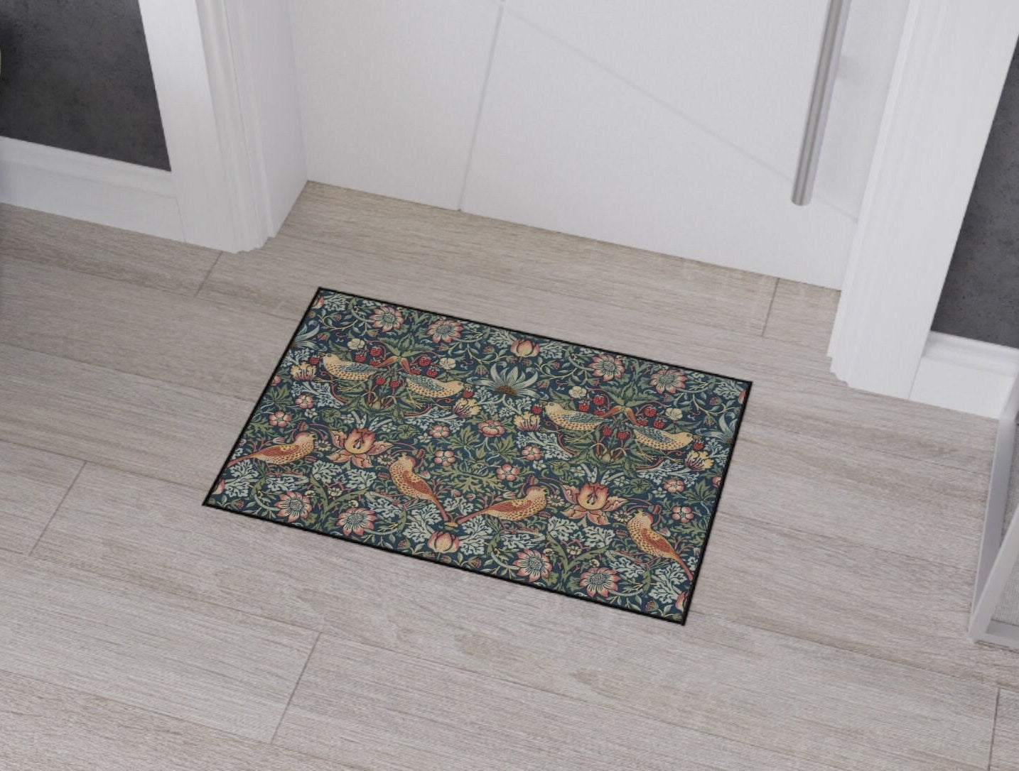 William Morris Strawberry Thief Floor Mat: Indigo Arts & Crafts Rug