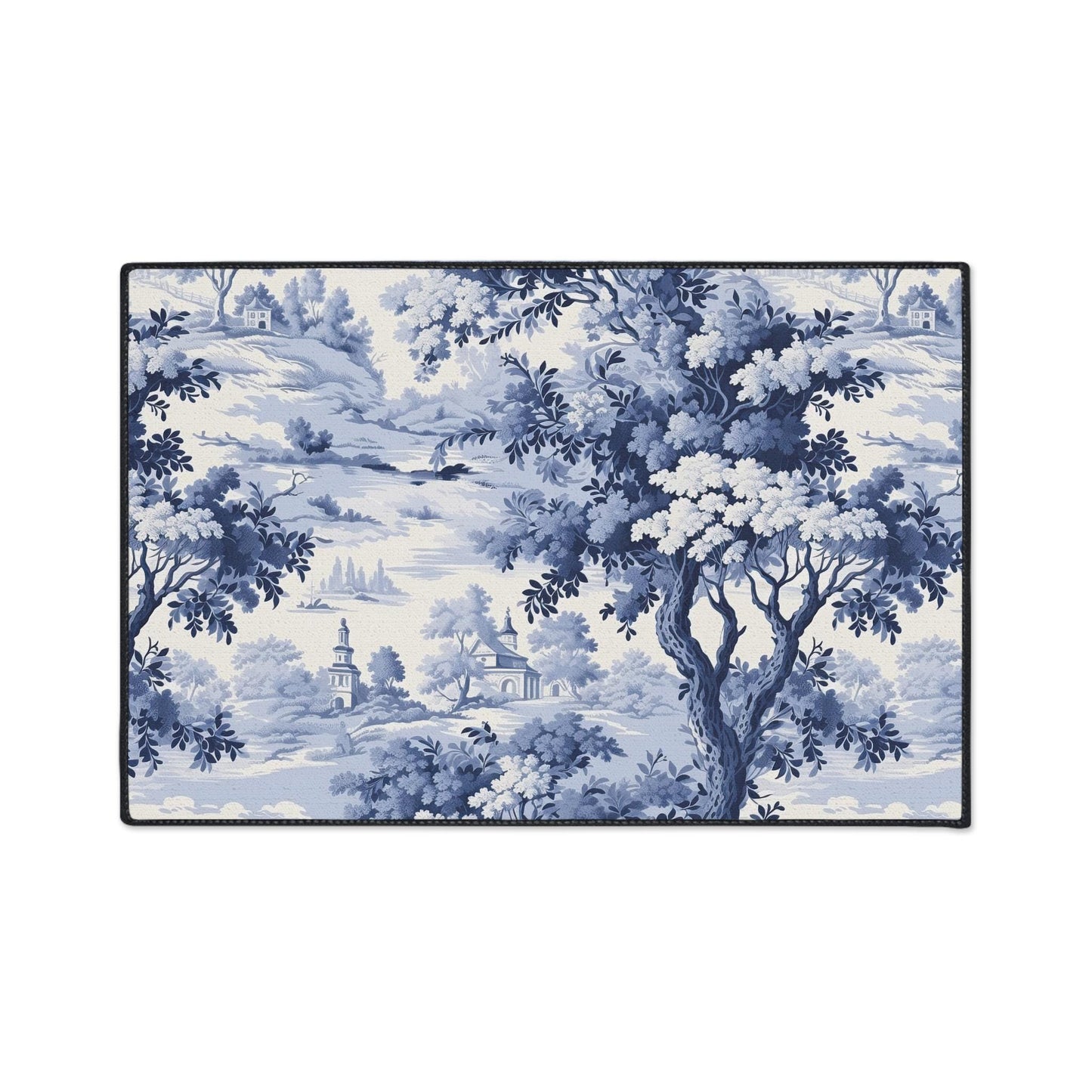 Blue Toile Chinoiserie Kitchen Rug: French Forest Heavy Duty Mat