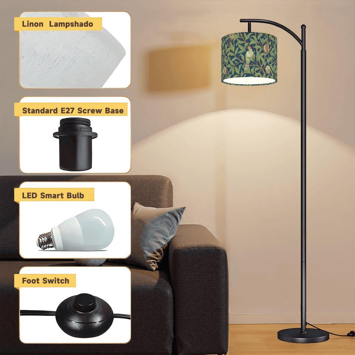 William Morris Arc Floor Lamp: Bird and Pomegranate Shade, Remote, USA Made