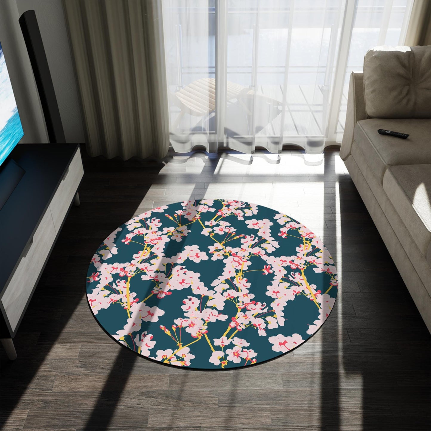 Cherry Blossom Circular Area Rug: Green & Pink Floral Chenille Rug (5x5 ft)