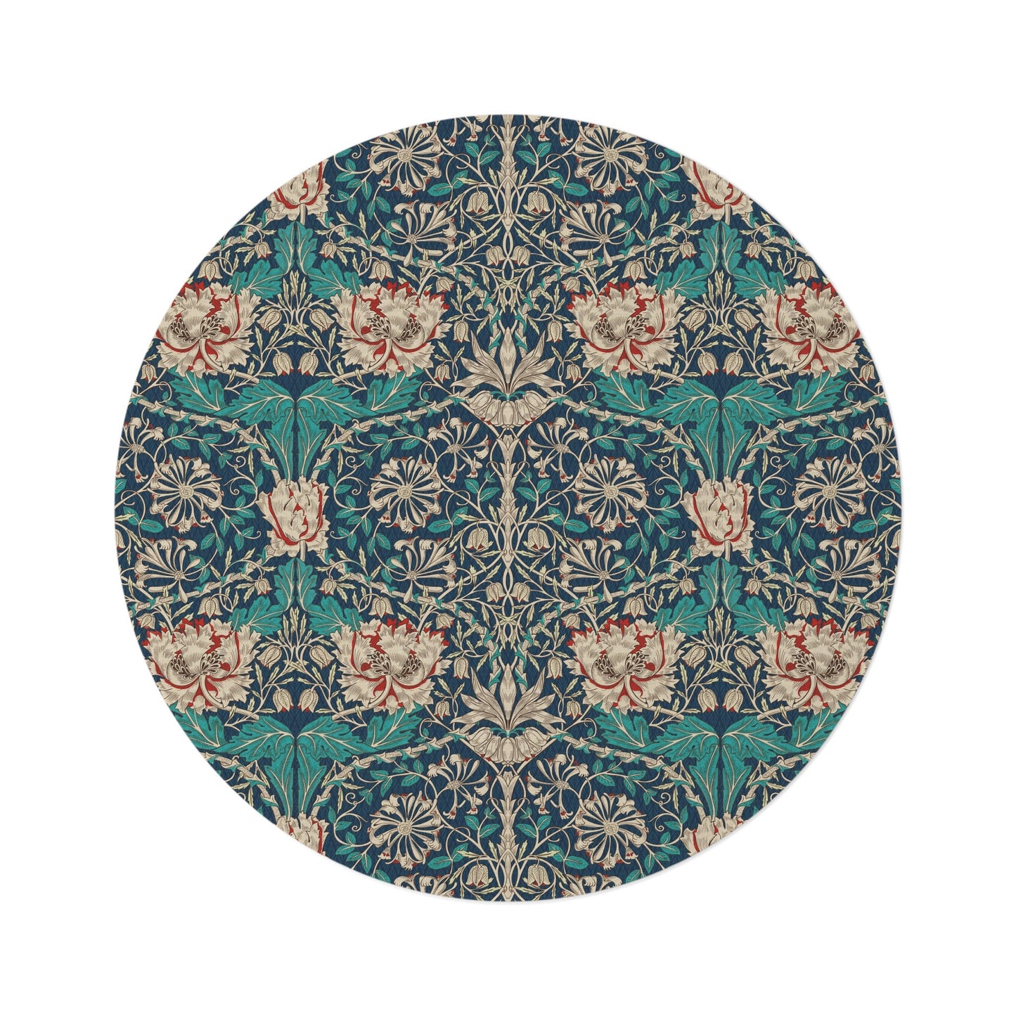 Teal Honeysuckle Rug, William Morris Round Flat Profile Mat Rug, Maximalist Decor
