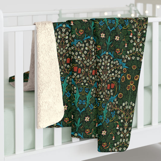 Blackthorn William Morris Sherpa Fleece Blanket | Moody Floral Vintage Style Throw