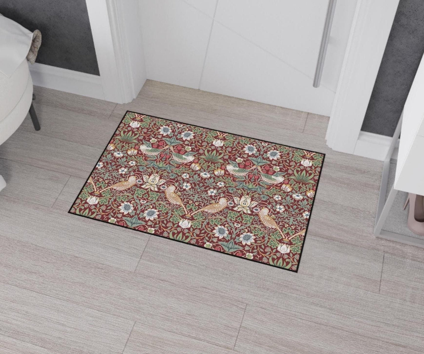William Morris Strawberry Thief Mat: Burgundy Red Maximalist Rug