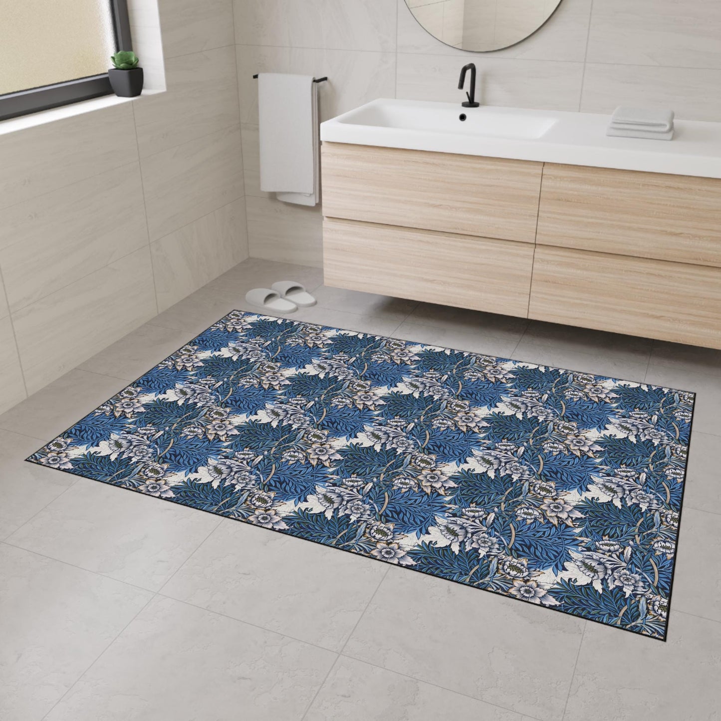 William Morris Floor Mat: Blue  Pink and Rose Floral Entry Rug