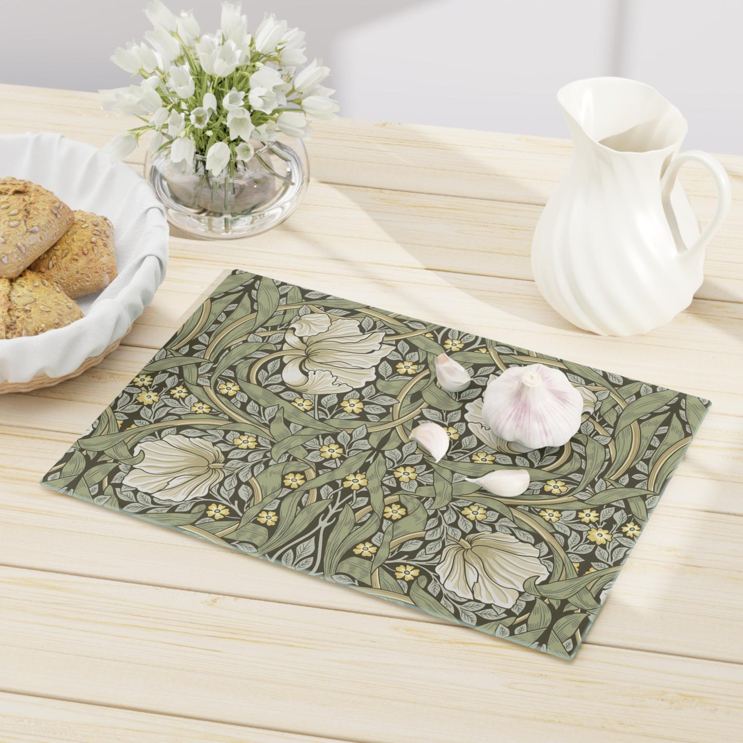 William Morris Cutting Board: Olive Pimpernel Tempered Glass Cheese Board