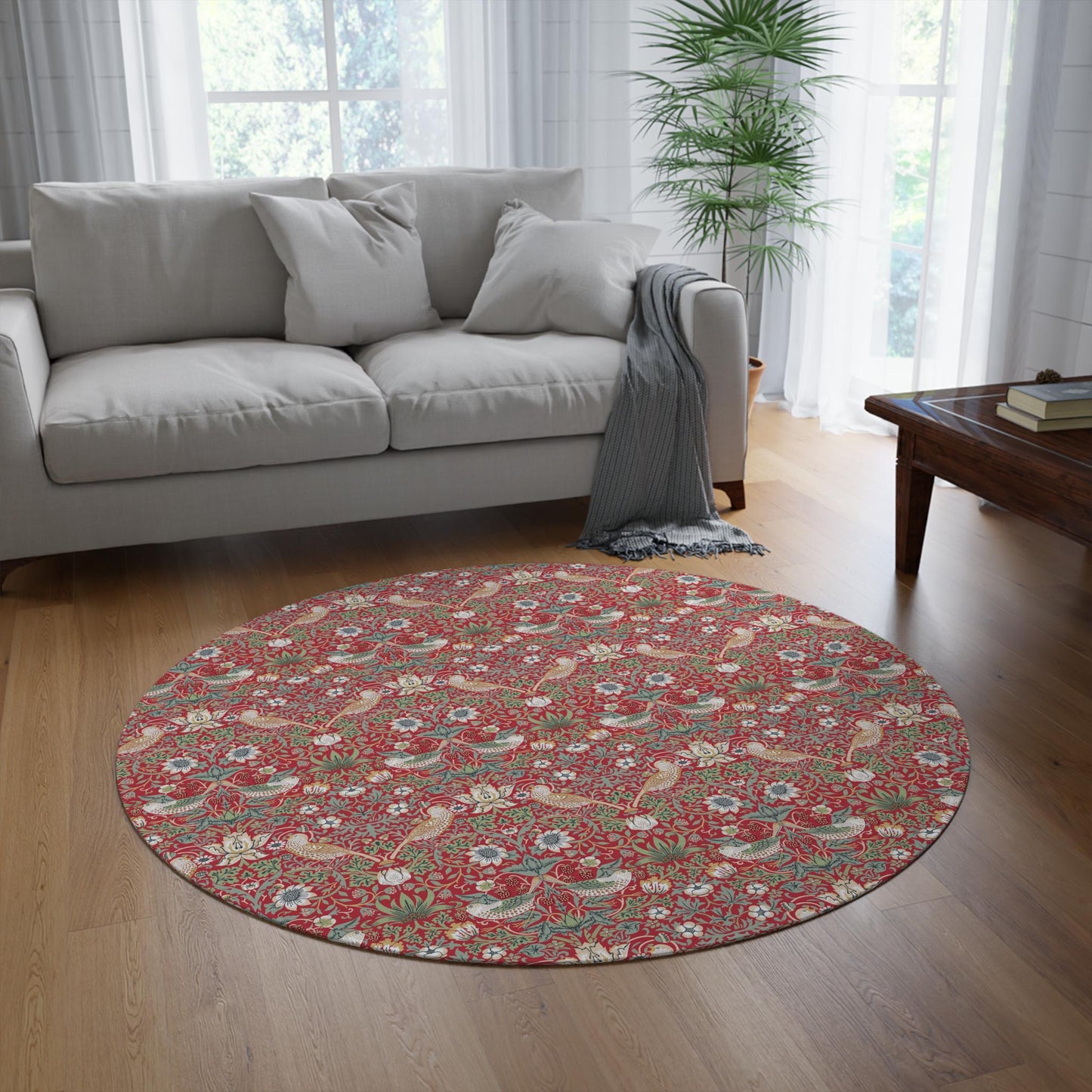 William Morris Strawberry Thief Rug, Red Floral Round Rug