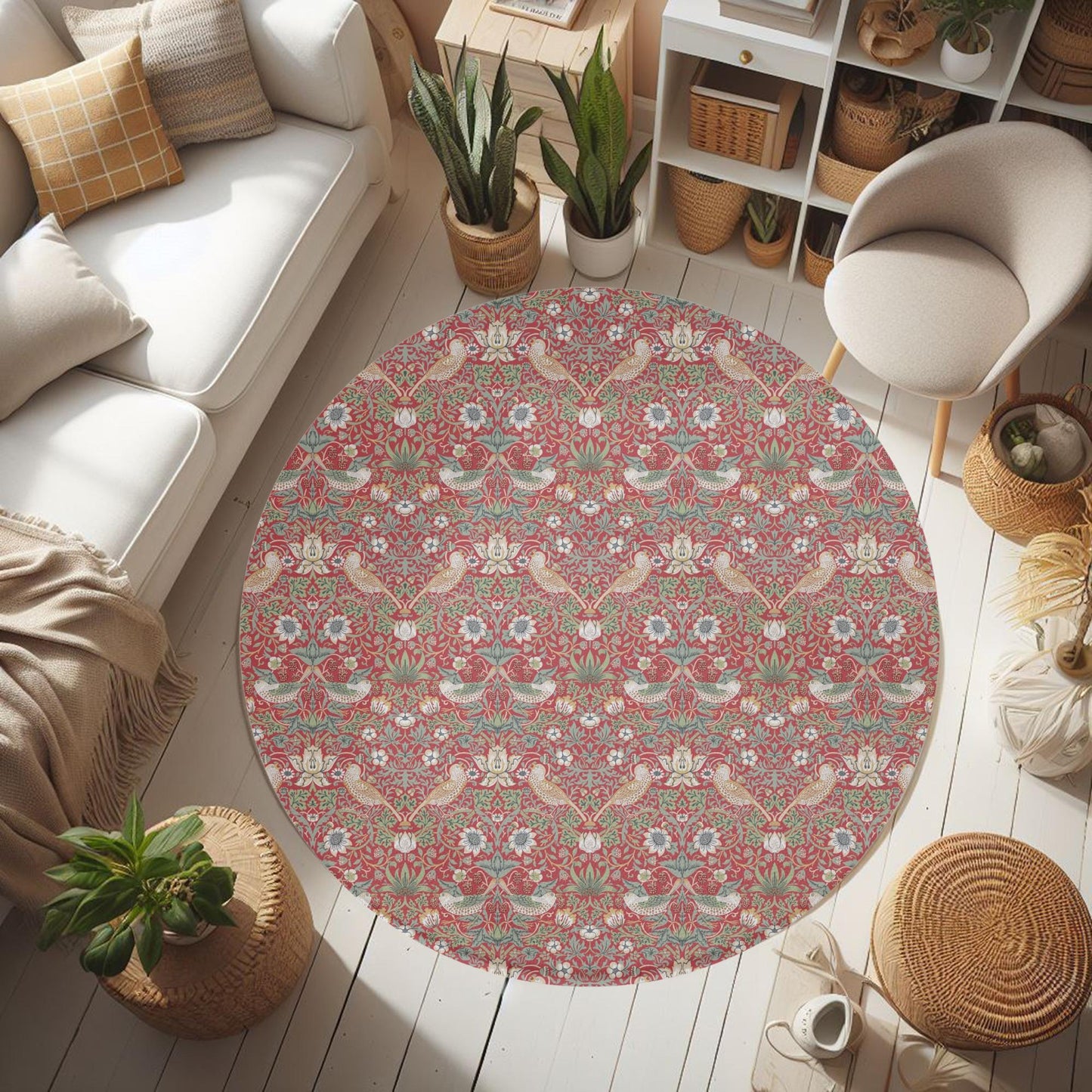 William Morris Strawberry Thief Rug, Red Floral Round Rug