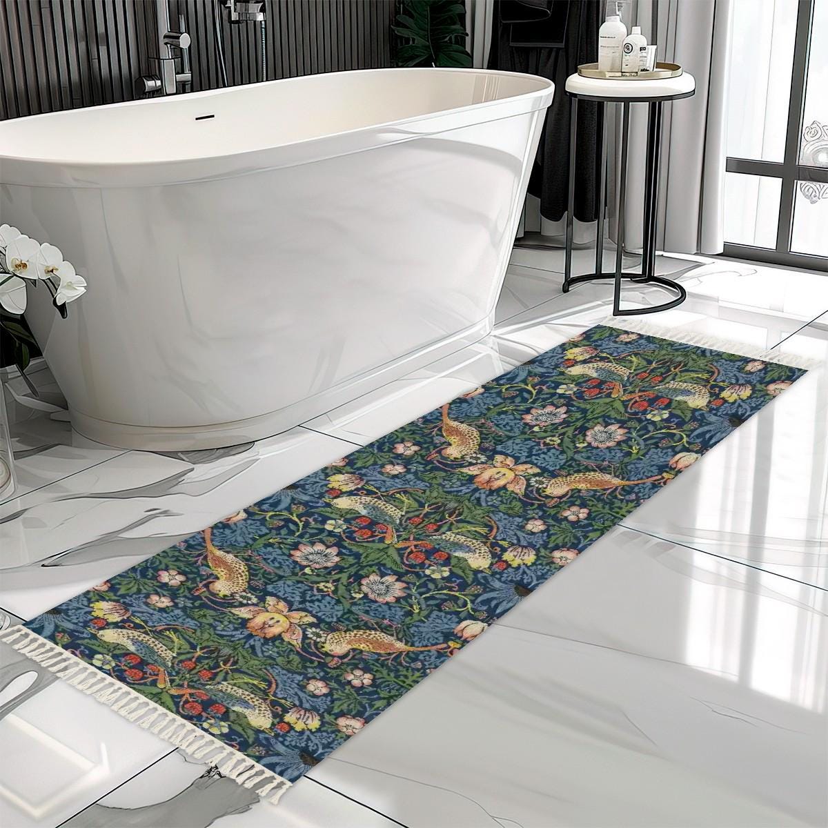 William Morris Strawberry Thief Mat: Blue Faux Velvet Runner for Kitchen/ Bath